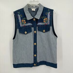 Vintage Alexa Em Women Hickory Stripe Denim Vest Size M Embroidered Floral Boho